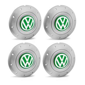 Jogo 4 Calota Centro Roda Ferro VW Amarok Aro 13 14 15 4 Furos Prata Emblema Verde Calota