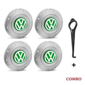 Jogo 4 Calota Centro Roda Ferro VW Amarok Aro 13 14 15 4 Furos Prata Emblema Verde + Chave de Remoçã Calota