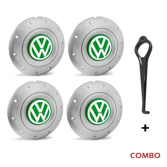 Jogo 4 Calota Centro Roda Ferro VW Amarok Aro 13 14 15 4 Furos Prata Emblema Verde + Chave de Remoçã