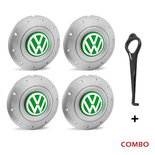 Jogo 4 Calota Centro Roda Ferro Vw Amarok Aro 13 14 15 4 Furos Prata Emblema Verde + Chave de Remoçã