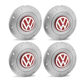 Jogo 4 Calota Centro Roda Ferro VW Amarok Aro 13 14 15 4 Furos Prata Emblema Vermelho Calota