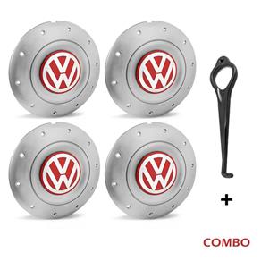 Jogo 4 Calota Centro Roda Ferro VW Amarok Aro 13 14 15 4 Furos Prata Emblema Vermelho + Chave de Rem Calota