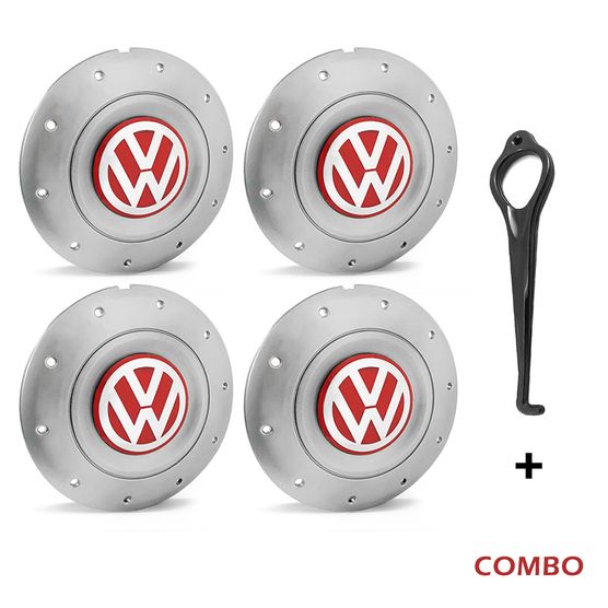 Jogo 4 Calota Centro Roda Ferro VW Amarok Aro 13 14 15 4 Furos Prata Emblema Vermelho + Chave de Rem