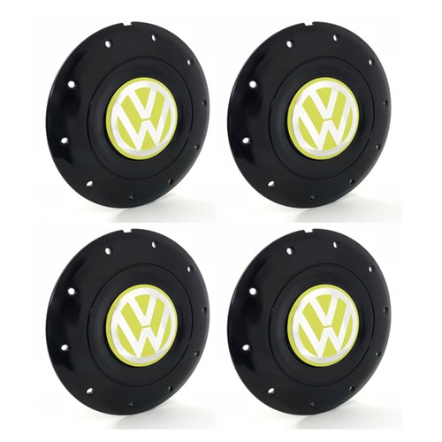 Jogo 4 Calota Centro Roda Ferro Vw Amarok Aro 13 14 15 4 Furos Preta Brilhante Emblema Amarelo Calota