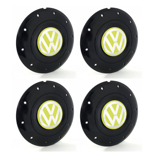 Jogo 4 Calota Centro Roda Ferro Vw Amarok Aro 13 14 15 4 Furos Preta Brilhante Emblema Amarelo