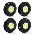 Jogo 4 Calota Centro Roda Ferro VW Amarok Aro 13 14 15 4 Furos Preta Brilhante Emblema Amarelo