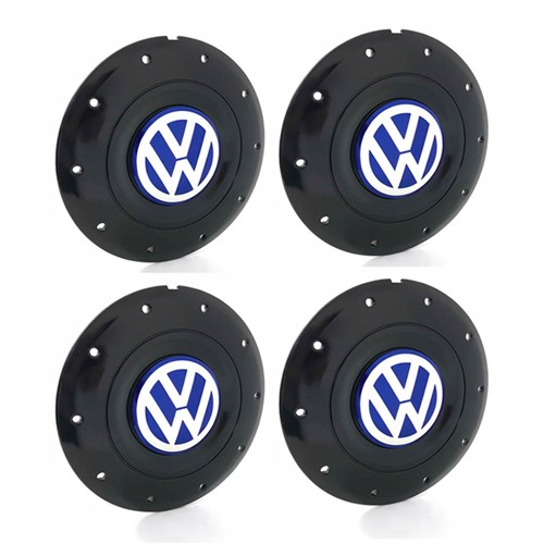 Jogo 4 Calota Centro Roda Ferro Vw Amarok Aro 13 14 15 4 Furos Preta Brilhante Emblema Azul Calota