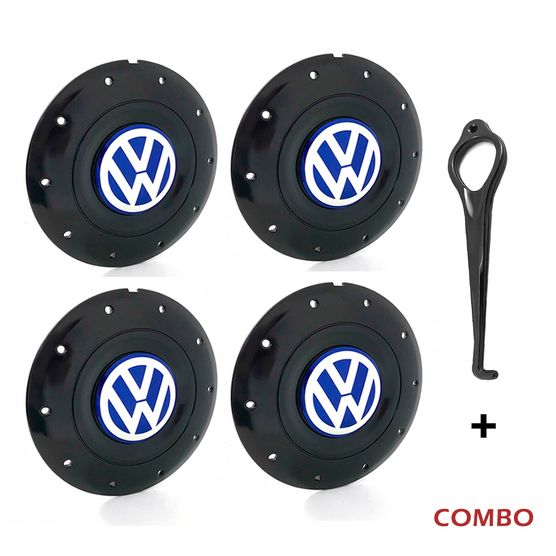 Jogo 4 Calota Centro Roda Ferro VW Amarok Aro 13 14 15 4 Furos Preta Brilhante Emblema Azul + Chave