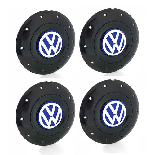 Jogo 4 Calota Centro Roda Ferro Vw Amarok Aro 13 14 15 4 Furos Preta Brilhante Emblema Azul