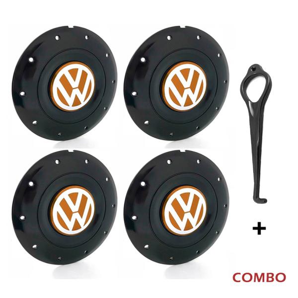 Jogo 4 Calota Centro Roda Ferro Vw Amarok Aro 14 15 5 Furos Preta Brilhante Emblema Laranja + Chave