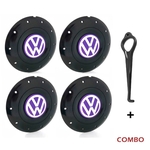 Jogo 4 Calota Centro Roda Ferro VW Amarok Aro 13 14 15 4 Furos Preta Brilhante Emblema Lilás + Chave