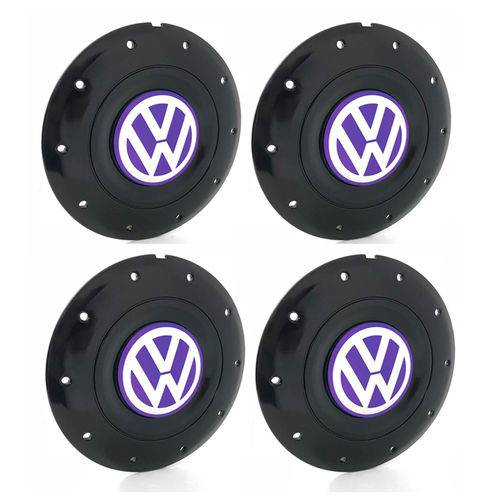 Jogo 4 Calota Centro Roda Ferro Vw Amarok Aro 13 14 15 4 Furos Preta Brilhante Emblema Lilás