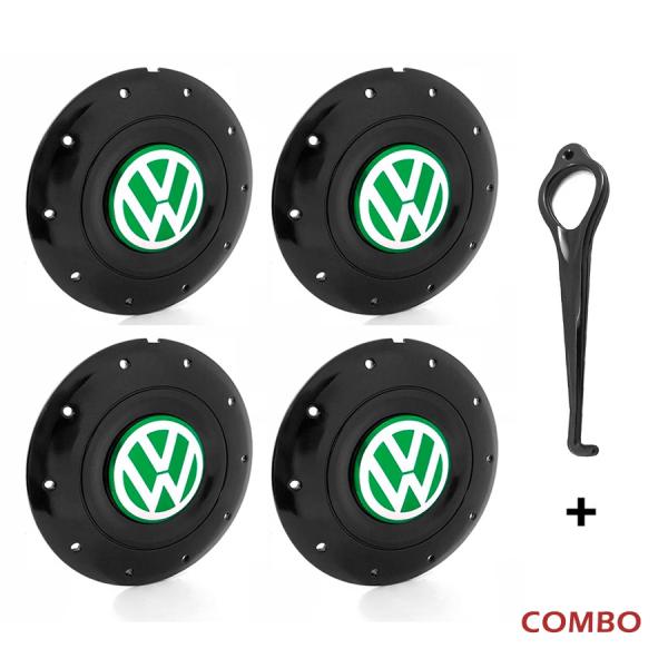 Jogo 4 Calota Centro Roda Ferro Vw Amarok Aro 14 15 5 Furos Preta Brilhante Emblema Verde + Chave de