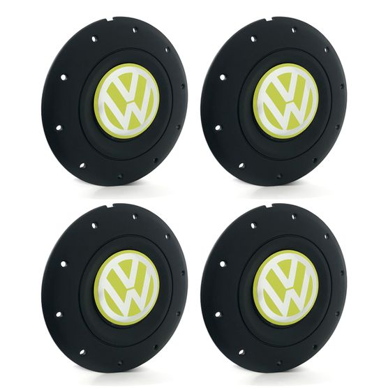 Jogo 4 Calota Centro Roda Ferro VW Amarok Aro 13 14 15 4 Furos Preta Fosca Emblema Amarelo