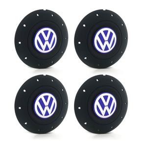 Jogo 4 Calota Centro Roda Ferro VW Amarok Aro 13 14 15 4 Furos Preta Fosca Emblema Azul Calota