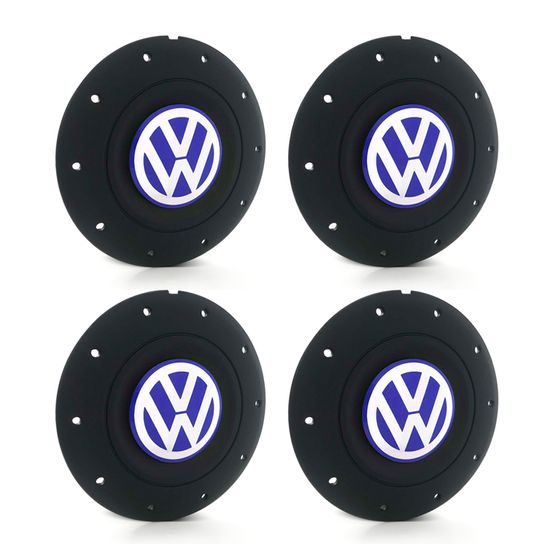 Jogo 4 Calota Centro Roda Ferro VW Amarok Aro 13 14 15 4 Furos Preta Fosca Emblema Azul