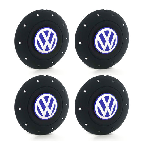 Jogo 4 Calota Centro Roda Ferro Vw Amarok Aro 13 14 15 4 Furos Preta Fosca Emblema Azul