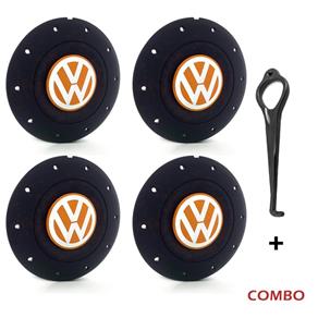 Jogo 4 Calota Centro Roda Ferro VW Amarok Aro 13 14 15 4 Furos Preta Fosca Emblema Laranja + Chave D Calota