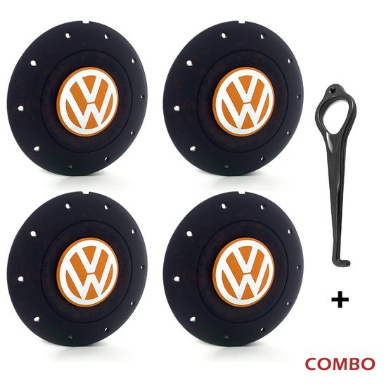 Jogo 4 Calota Centro Roda Ferro VW Amarok Aro 13 14 15 4 Furos Preta Fosca Emblema Laranja + Chave D