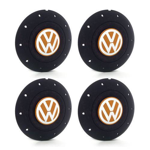 Jogo 4 Calota Centro Roda Ferro Vw Amarok Aro 13 14 15 4 Furos Preta Fosca Emblema Laranja