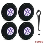 Jogo 4 Calota Centro Roda Ferro VW Amarok Aro 13 14 15 4 Furos Preta Fosca Emblema Lilás + Chave de