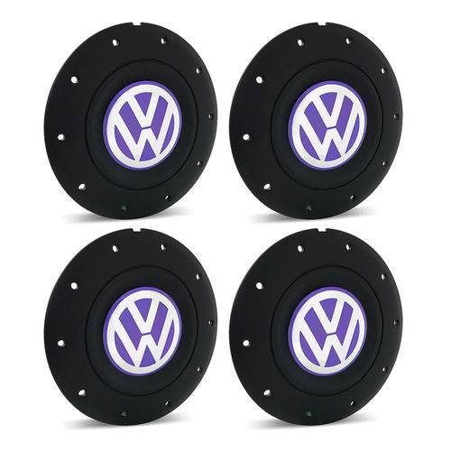 Jogo 4 Calota Centro Roda Ferro Vw Amarok Aro 13 14 15 4 Furos Preta Fosca Emblema Lilás