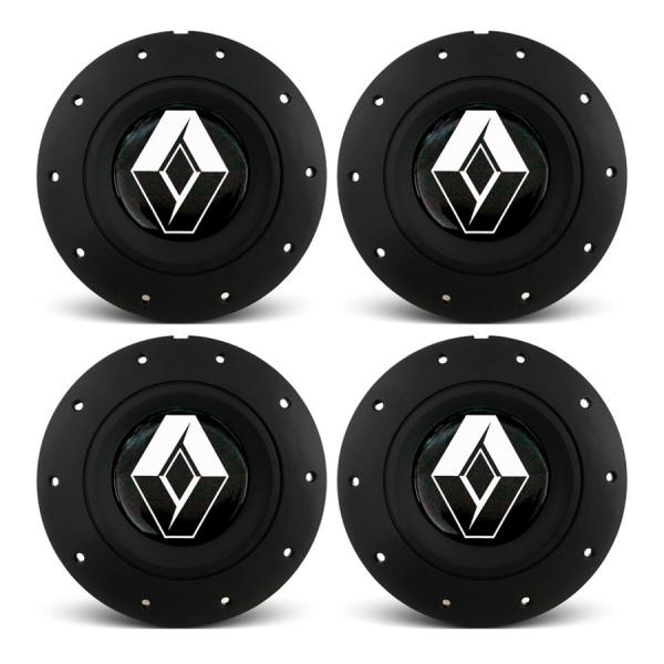 Jogo 4 Calota Centro Roda Ferro VW Amarok Aro 13 14 15 4 Furos Preta Fosca Emblema Renault Preto