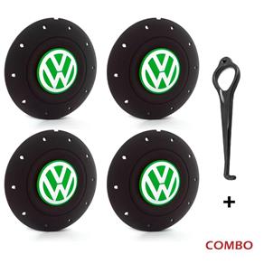 Jogo 4 Calota Centro Roda Ferro VW Amarok Aro 13 14 15 4 Furos Preta Fosca Emblema Verde + Chave de Calota