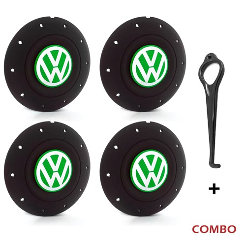 Jogo 4 Calota Centro Roda Ferro Vw Amarok Aro 13 14 15 4 Furos Preta Fosca Emblema Verde + Chave de Calota