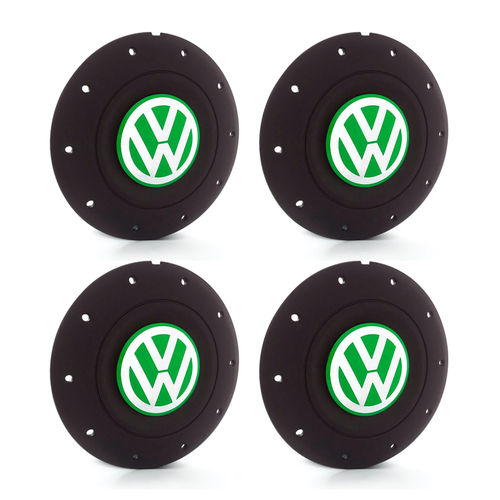 Jogo 4 Calota Centro Roda Ferro Vw Amarok Aro 13 14 15 4 Furos Preta Fosca Emblema Verde