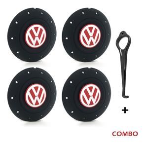 Jogo 4 Calota Centro Roda Ferro VW Amarok Aro 13 14 15 4 Furos Preta Fosca Emblema Vermelha + Chave Calota