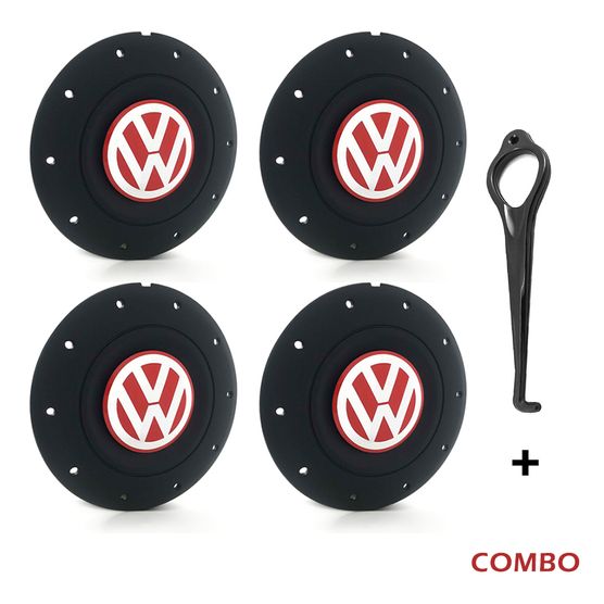 Jogo 4 Calota Centro Roda Ferro VW Amarok Aro 13 14 15 4 Furos Preta Fosca Emblema Vermelha + Chave