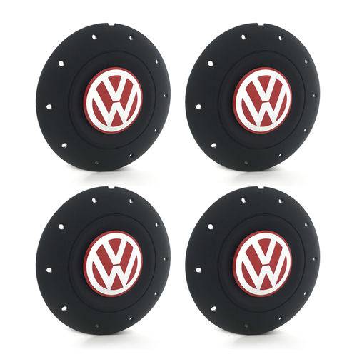 Jogo 4 Calota Centro Roda Ferro Vw Amarok Aro 13 14 15 4 Furos Preta Fosca Emblema Vermelha