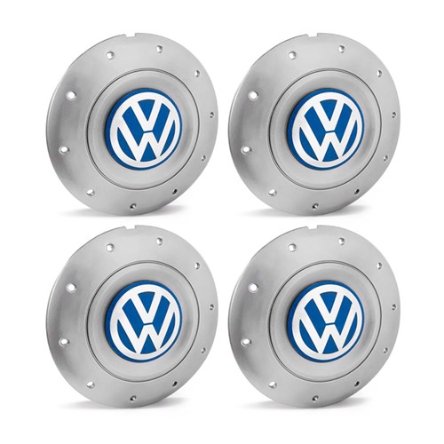 Jogo 4 Calota Centro Roda Ferro Vw Amarok Aro 13 14 15 4 Furos Prata Emblema Azul Calota