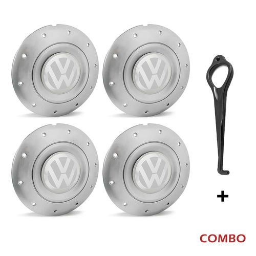 Jogo 4 Calota Centro Roda Ferro Vw Amarok Aro 14 15 5 Furos Prata Emblema Branco + Chave de Remoção