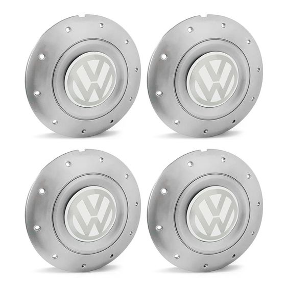 Jogo 4 Calota Centro Roda Ferro VW Amarok Aro 13 14 15 4 Furos Prata Emblema Branco