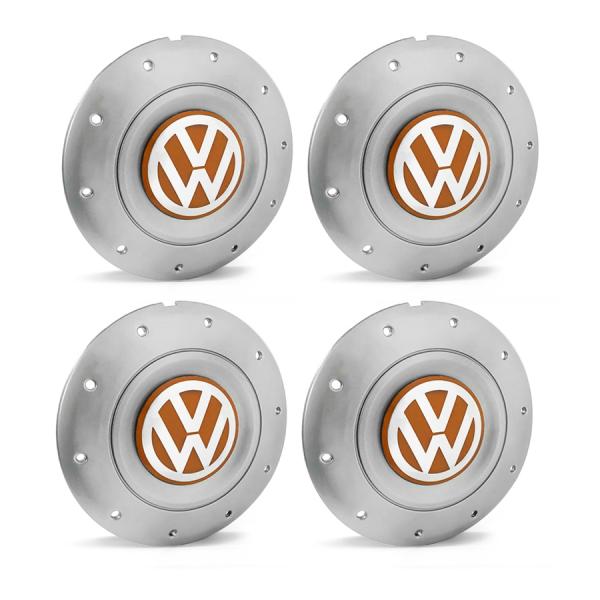 Jogo 4 Calota Centro Roda Ferro VW Amarok Aro 14 15 5 Furos Prata Emblema Laranja