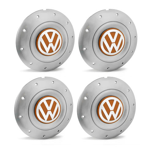 Jogo 4 Calota Centro Roda Ferro Vw Amarok Aro 14 15 5 Furos Prata Emblema Laranja