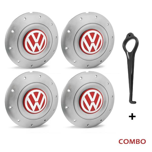 Jogo 4 Calota Centro Roda Ferro Vw Amarok Aro 14 15 5 Furos Prata Emblema Vermelha + Chave de Remoçã