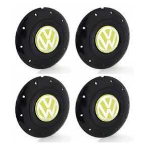 Jogo 4 Calota Centro Roda Ferro VW Amarok Aro 14 15 5 Furos Preta Brilhante Emblema Amarelo Calota