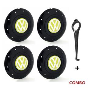 Jogo 4 Calota Centro Roda Ferro VW Amarok Aro 14 15 5 Furos Preta Brilhante Emblema Amarelo + Chave Calota