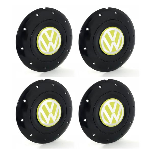 Jogo 4 Calota Centro Roda Ferro VW Amarok Aro 14 15 5 Furos Preta Brilhante Emblema Amarelo