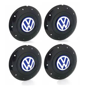 Jogo 4 Calota Centro Roda Ferro VW Amarok Aro 14 15 5 Furos Preta Brilhante Emblema Azul Calota