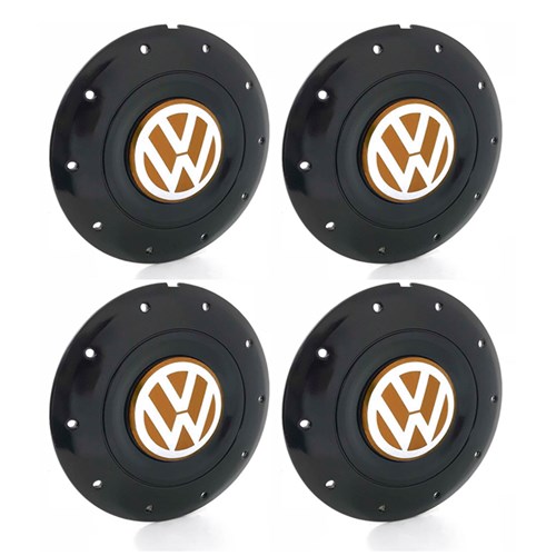 Jogo 4 Calota Centro Roda Ferro Vw Amarok Aro 13 14 15 4 Furos Preta Brilhante Emblema Laranja Calota