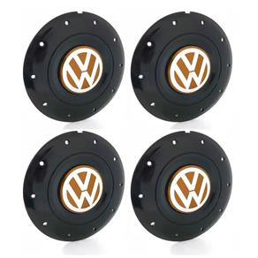 Jogo 4 Calota Centro Roda Ferro VW Amarok Aro 14 15 5 Furos Preta Brilhante Emblema Laranja Calota