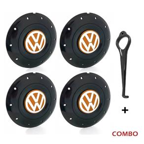 Jogo 4 Calota Centro Roda Ferro VW Amarok Aro 14 15 5 Furos Preta Brilhante Emblema Laranja + Chave Calota