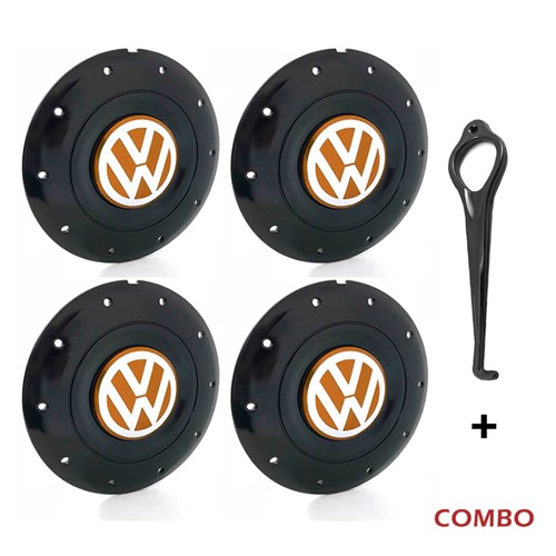 Jogo 4 Calota Centro Roda Ferro Vw Amarok Aro 14 15 5 Furos Preta Brilhante Emblema Laranja + Chave Calota