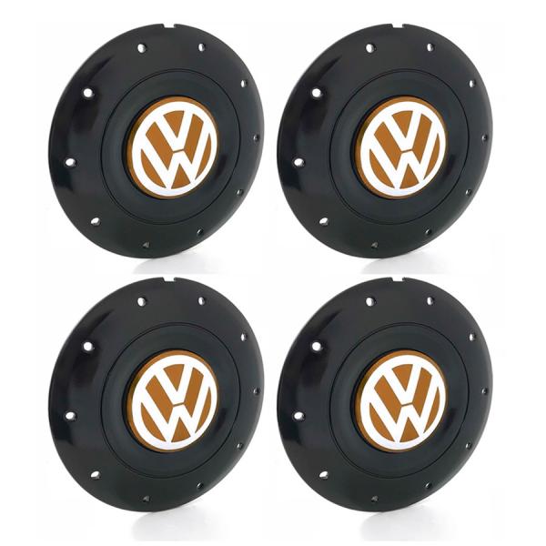 Jogo 4 Calota Centro Roda Ferro Vw Amarok Aro 14 15 5 Furos Preta Brilhante Emblema Laranja