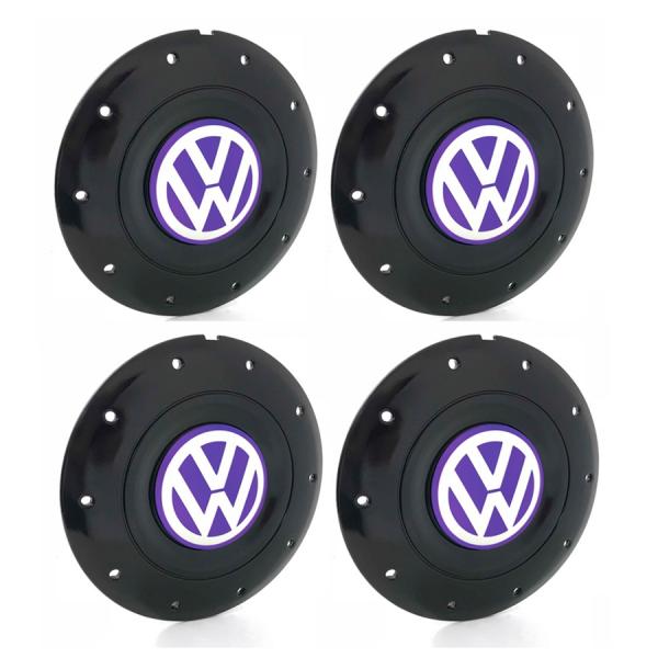 Jogo 4 Calota Centro Roda Ferro VW Amarok Aro 13 14 15 4 Furos Preta Brilhante Emblema Lilás