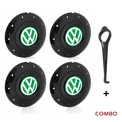 Jogo 4 Calota Centro Roda Ferro Vw Amarok Aro 14 15 5 Furos Preta Brilhante Emblema Verde + Chave de Calota